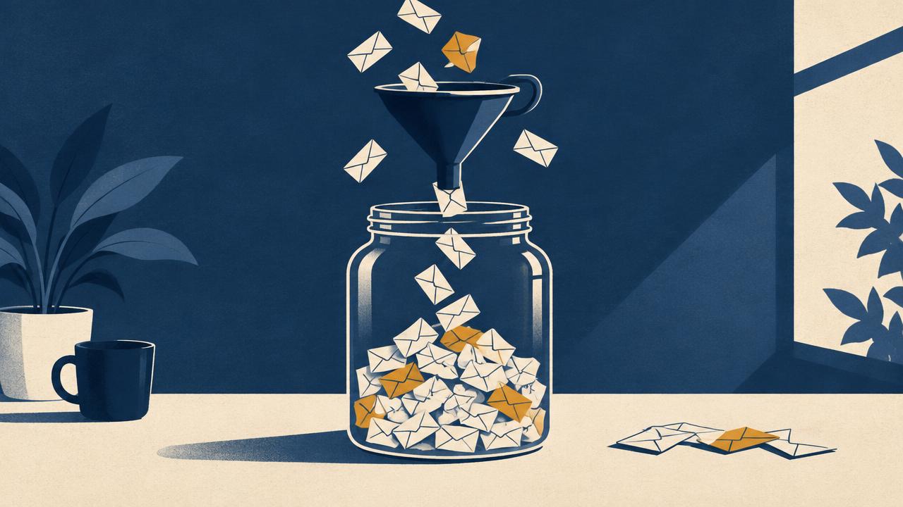 Small envelopes stacking themselves into a neat column beside a notebook with a hand-drawn chart, a pen resting on top
