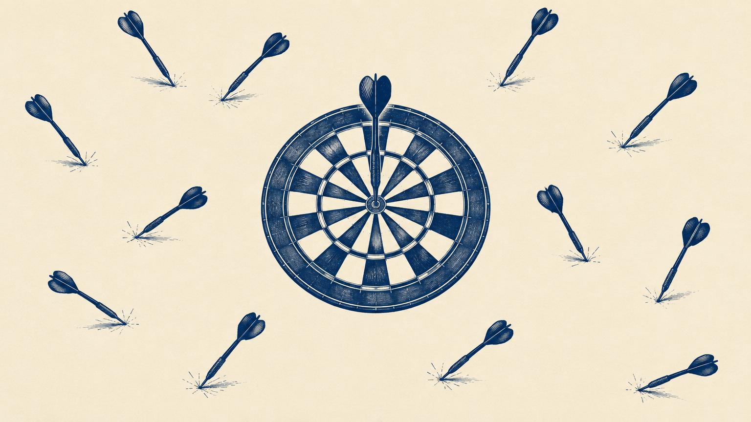 A dartboard with one dart in the bullseye and many missed darts scattered around