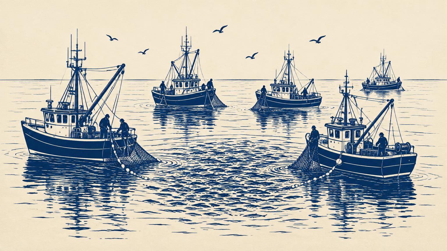 Several fishing boats gathered over one rich fishing spot on a calm sea
