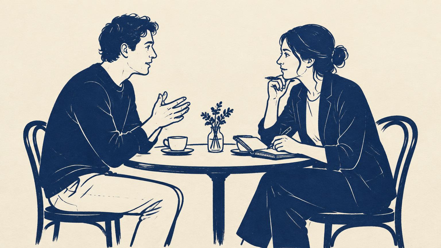 Two people at a cafe table, one speaking and the other listening and taking notes