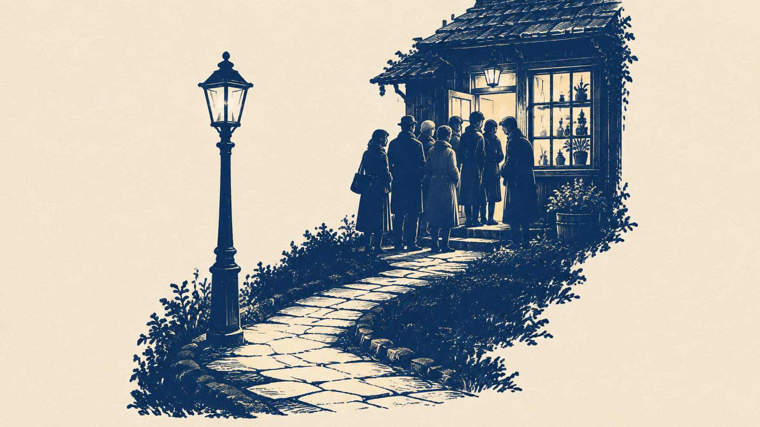 A lantern-lit path leading to a small crowd gathered at a shop door