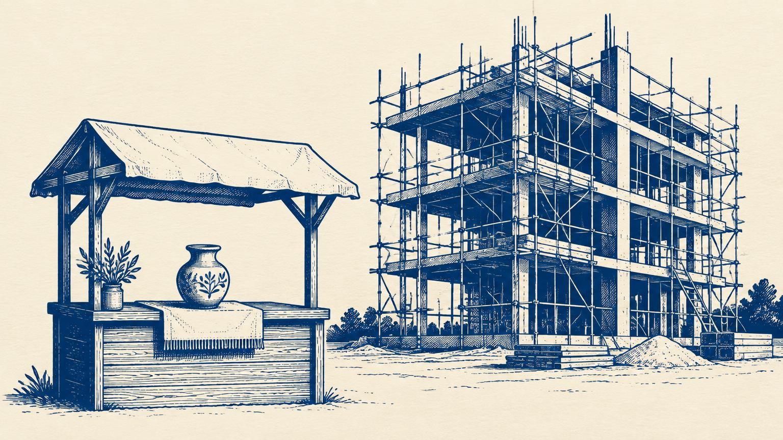 A simple market stall with one product beside a large building under construction
