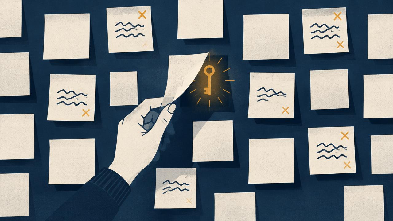A wall of sticky notes marked with small crosses, one pulled away to reveal a key shape glowing behind it