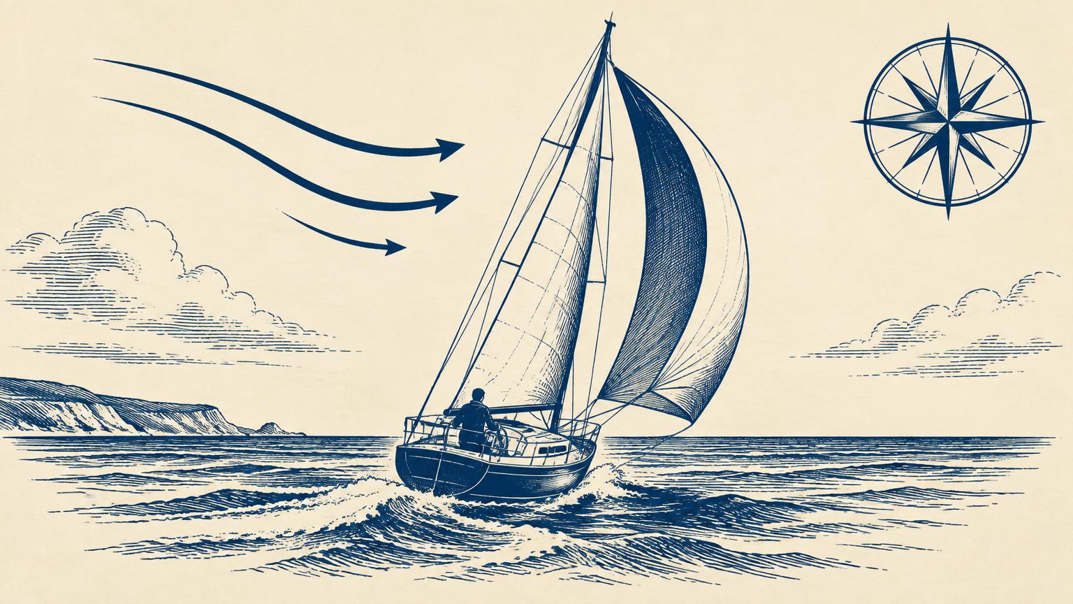 A sailboat turning its sail to catch a new wind, with a compass rose in the corner