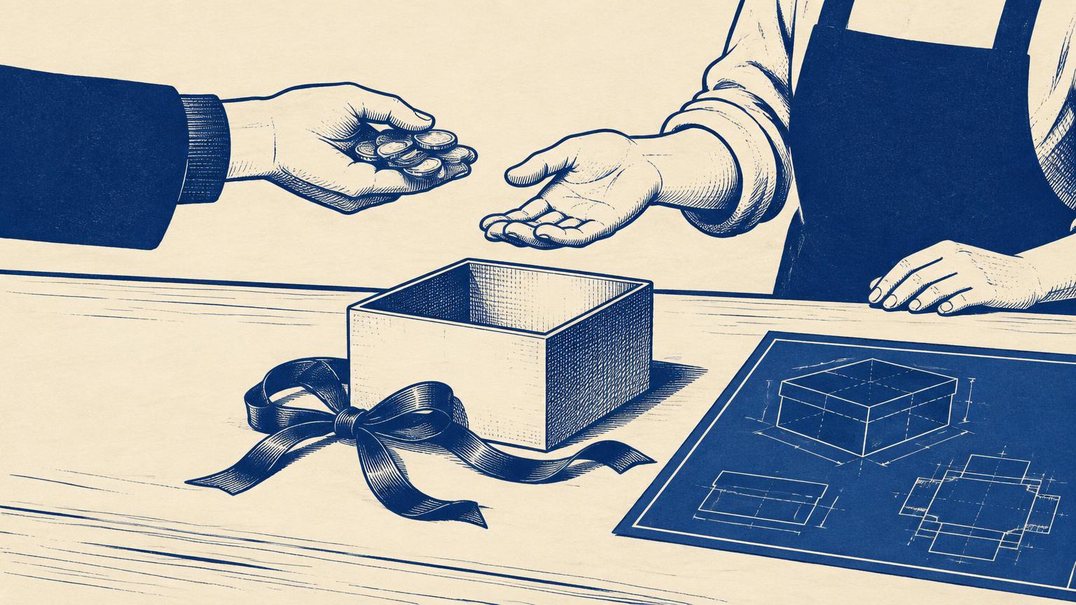 A customer handing coins across a counter for an empty gift box beside a blueprint