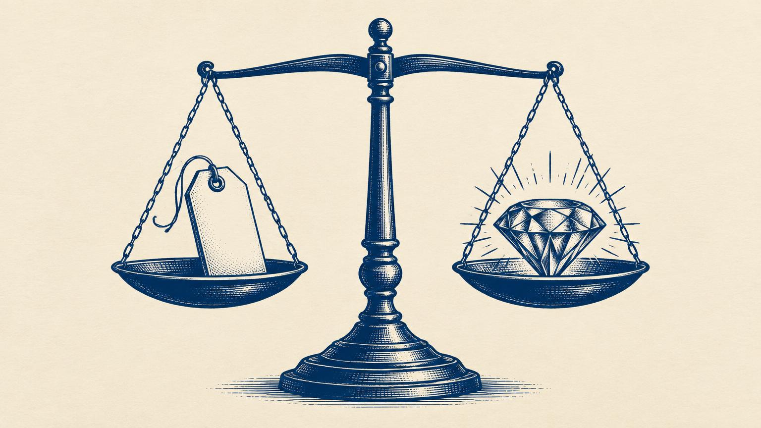 A balance scale weighing a price tag against a glowing gem