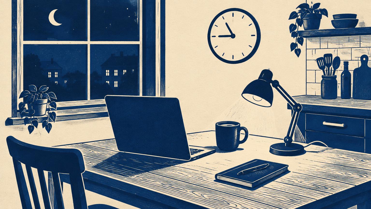 A kitchen table at night with a laptop, coffee mug, and desk lamp