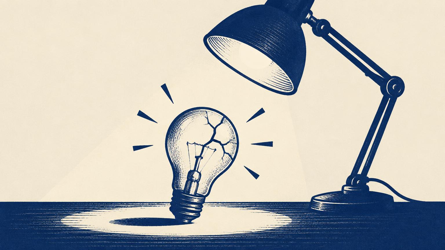 A cracked lightbulb sitting under a desk lamp