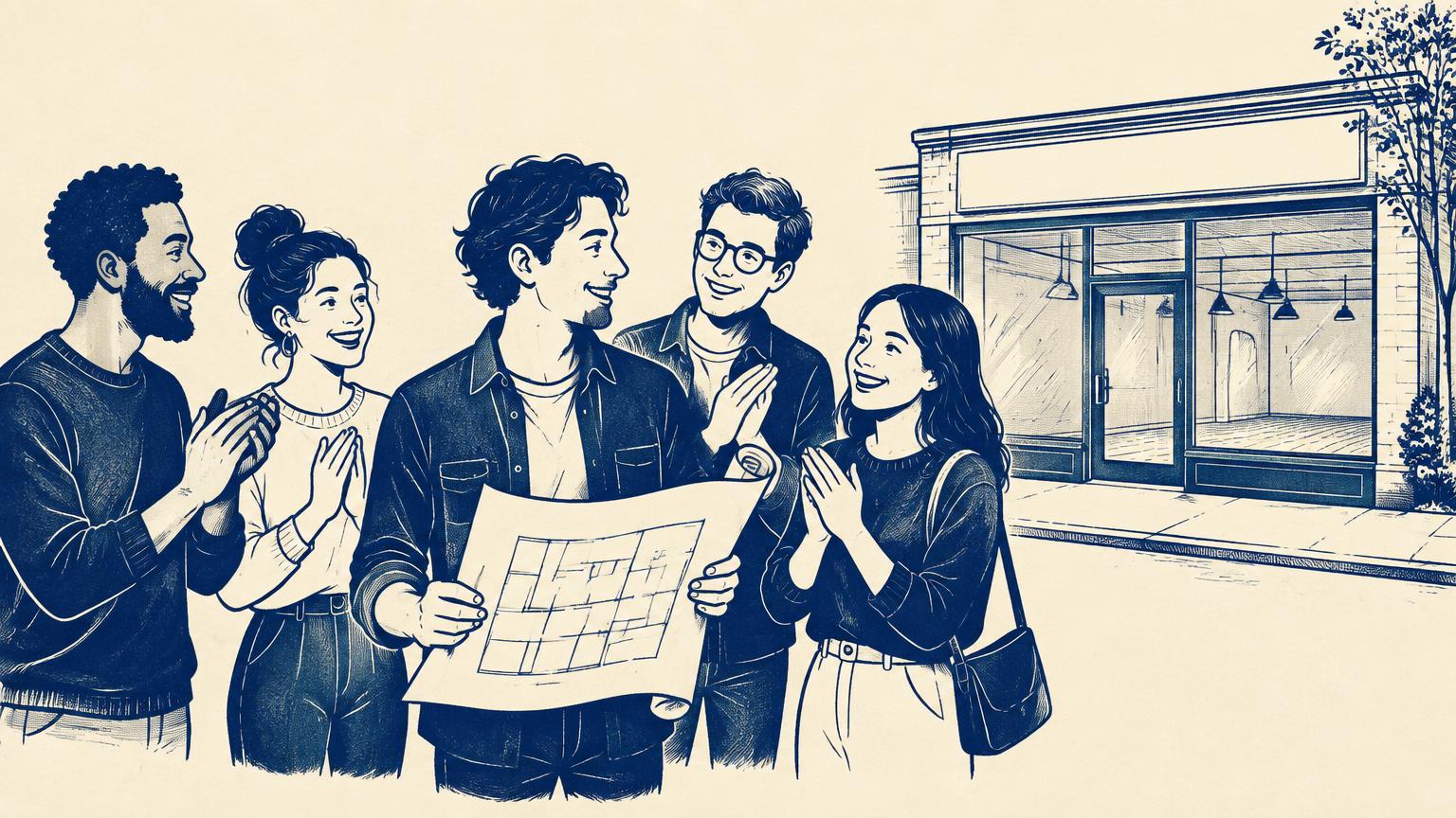 Friends clapping for a person holding a blueprint in front of an empty storefront