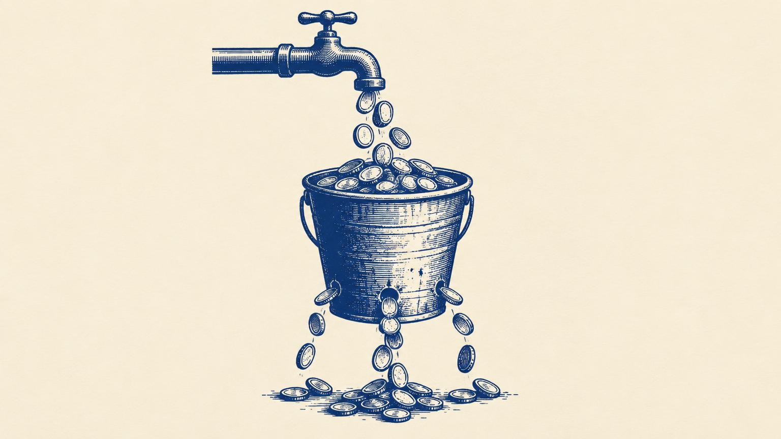 A leaking bucket being filled with coins from a tap while coins drip out the bottom