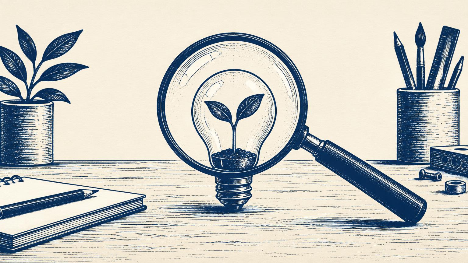 A magnifying glass examining a lightbulb with a seedling growing inside
