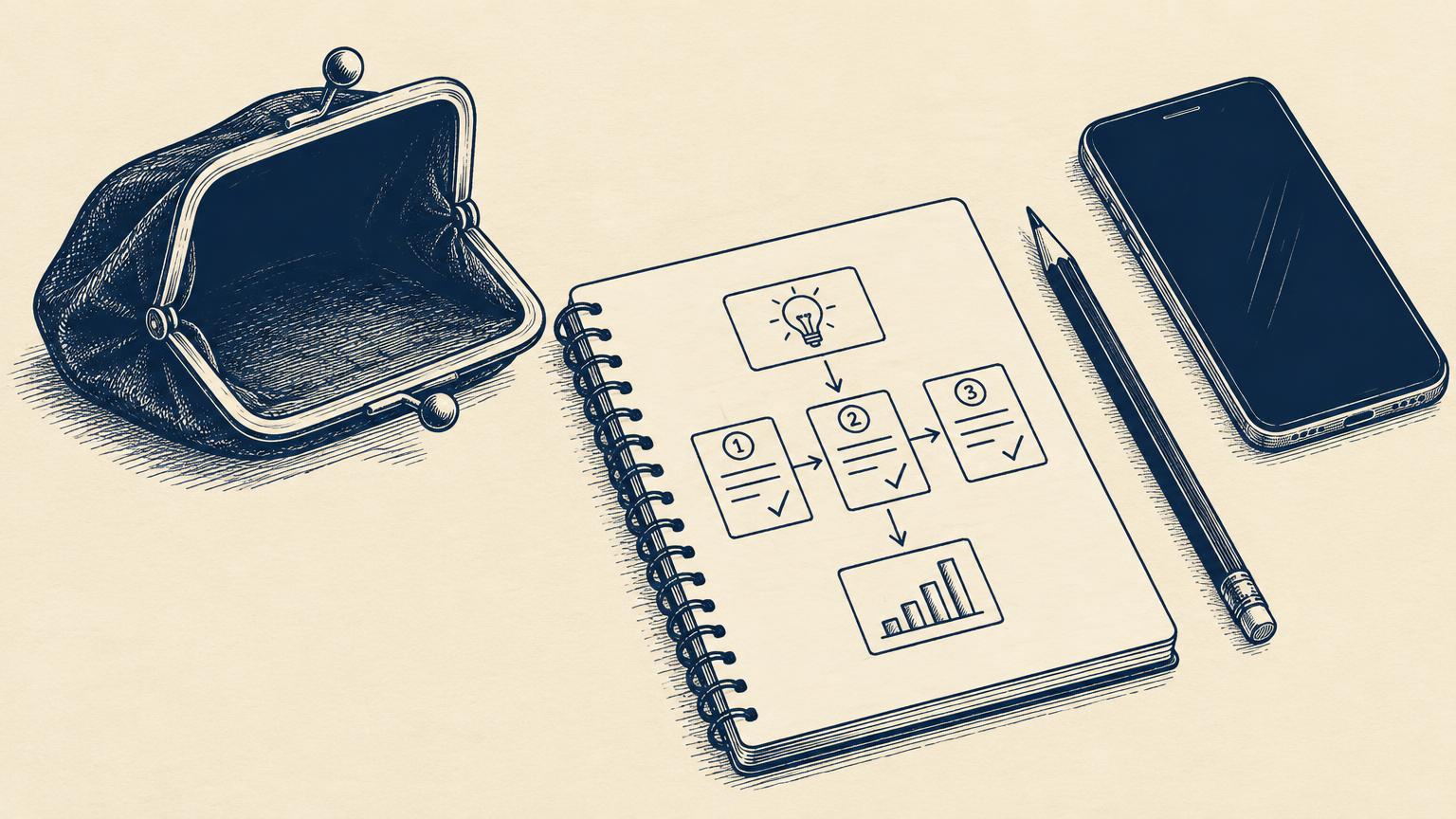 An empty coin purse beside a notebook with a simple test plan sketched on it