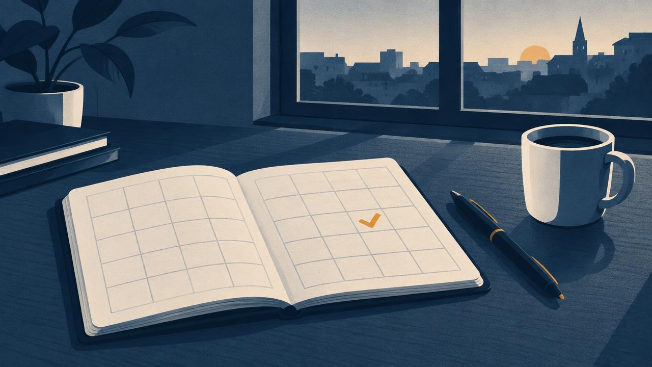 A calendar page with one day marked, a hand writing a short note beside it and a small receipt pinned above