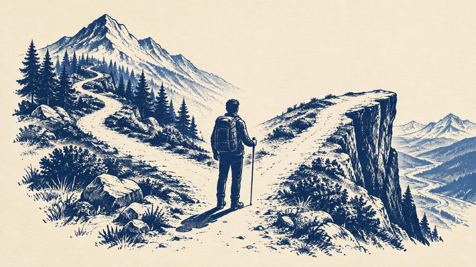 A hiker at a fork in a mountain trail where one path ends at a cliff