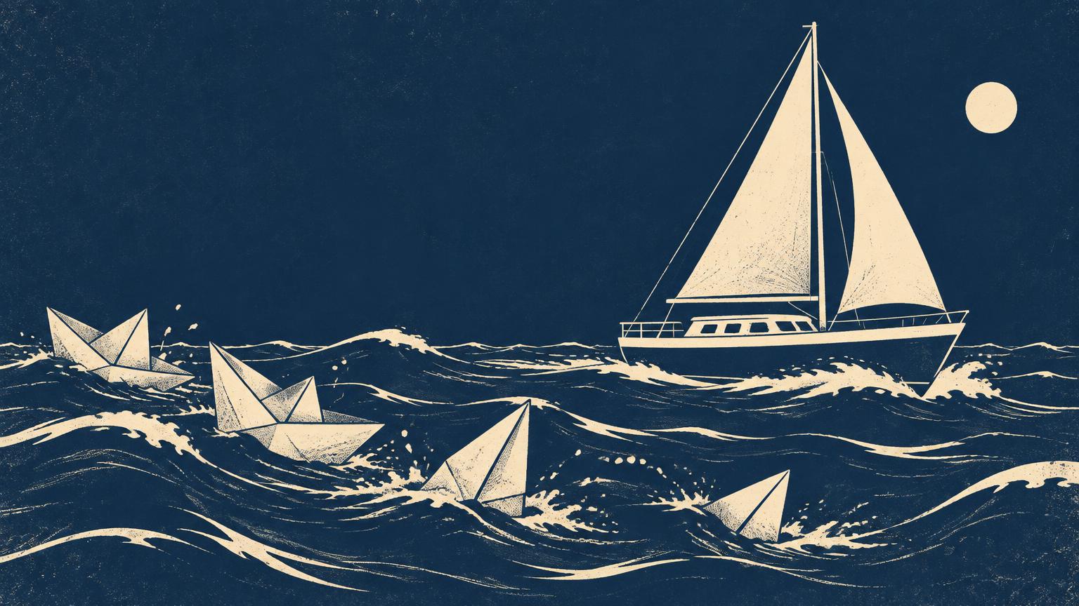 A sturdy sailboat passing a row of sinking paper boats in dark blue seas